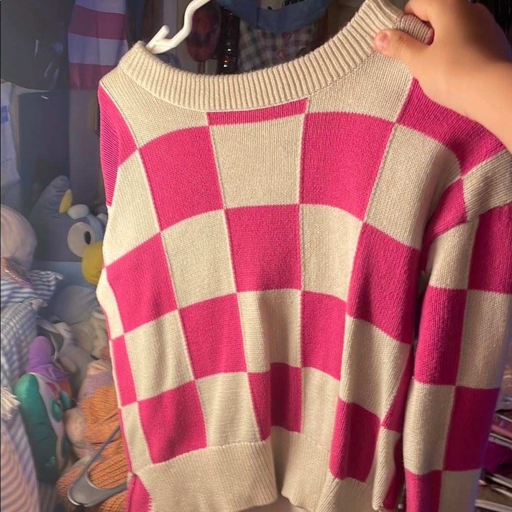 Pink and Cream Checkered Sweater